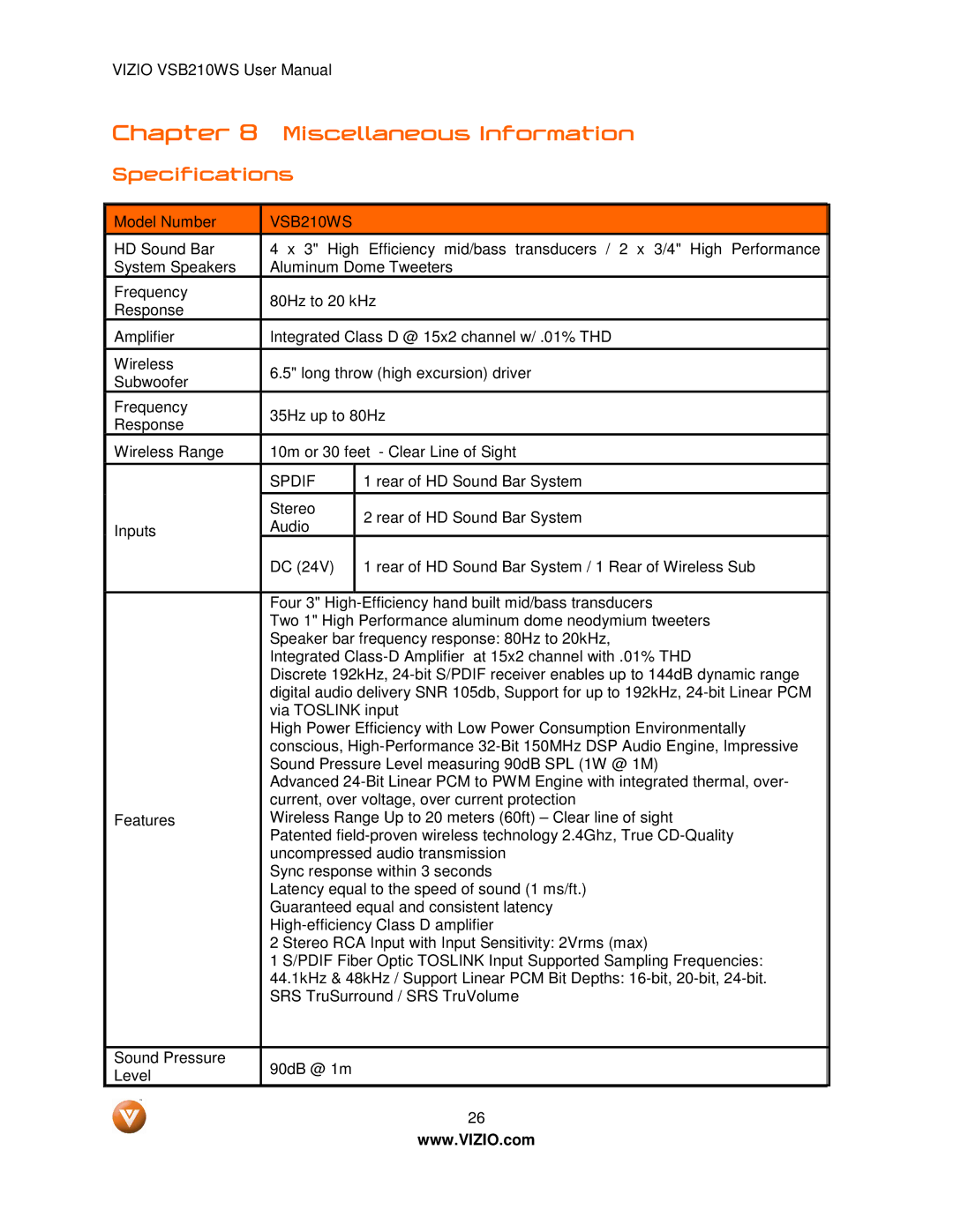 Vizio VSB210WS user manual Miscellaneous Information, Specifications 