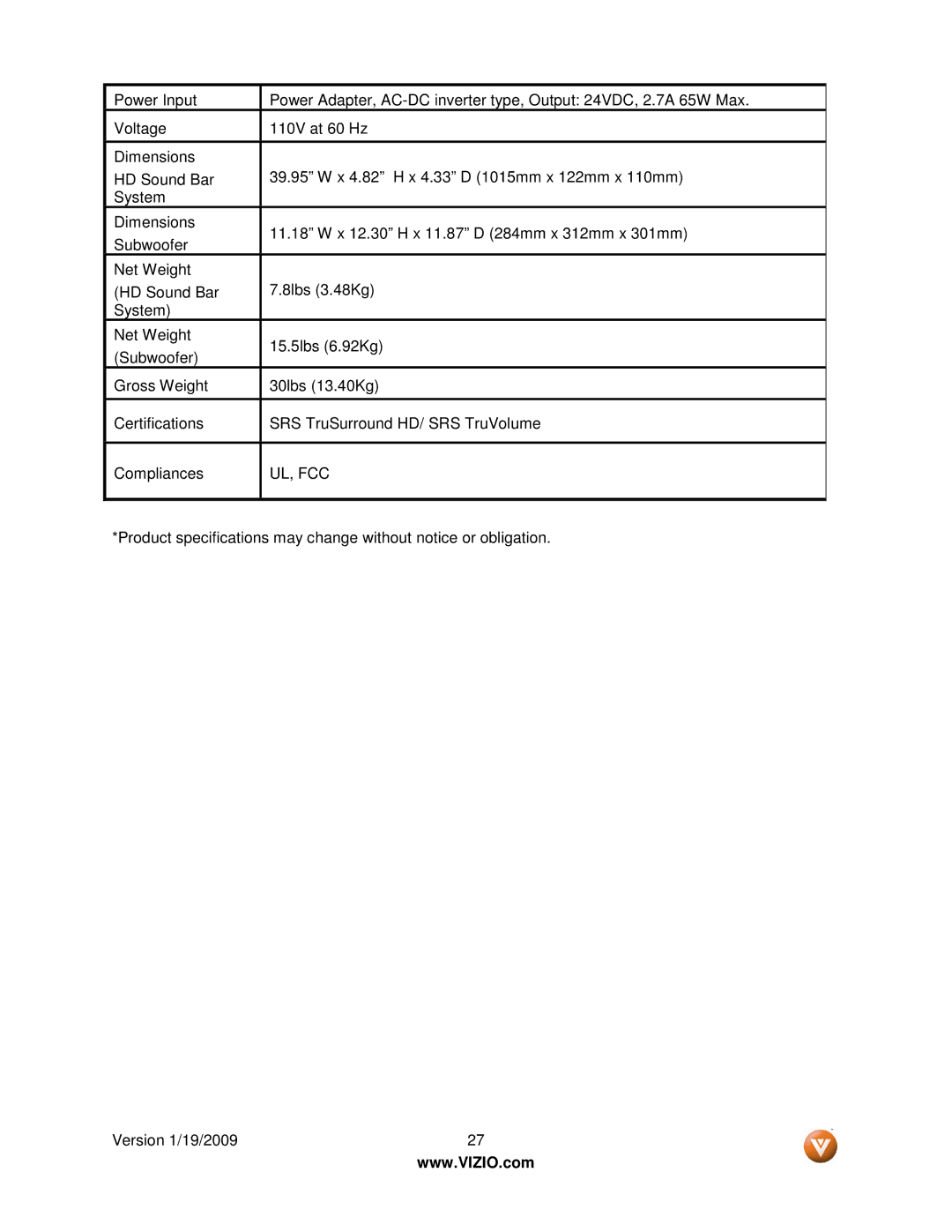 Vizio VSB210WS user manual Ul, Fcc 