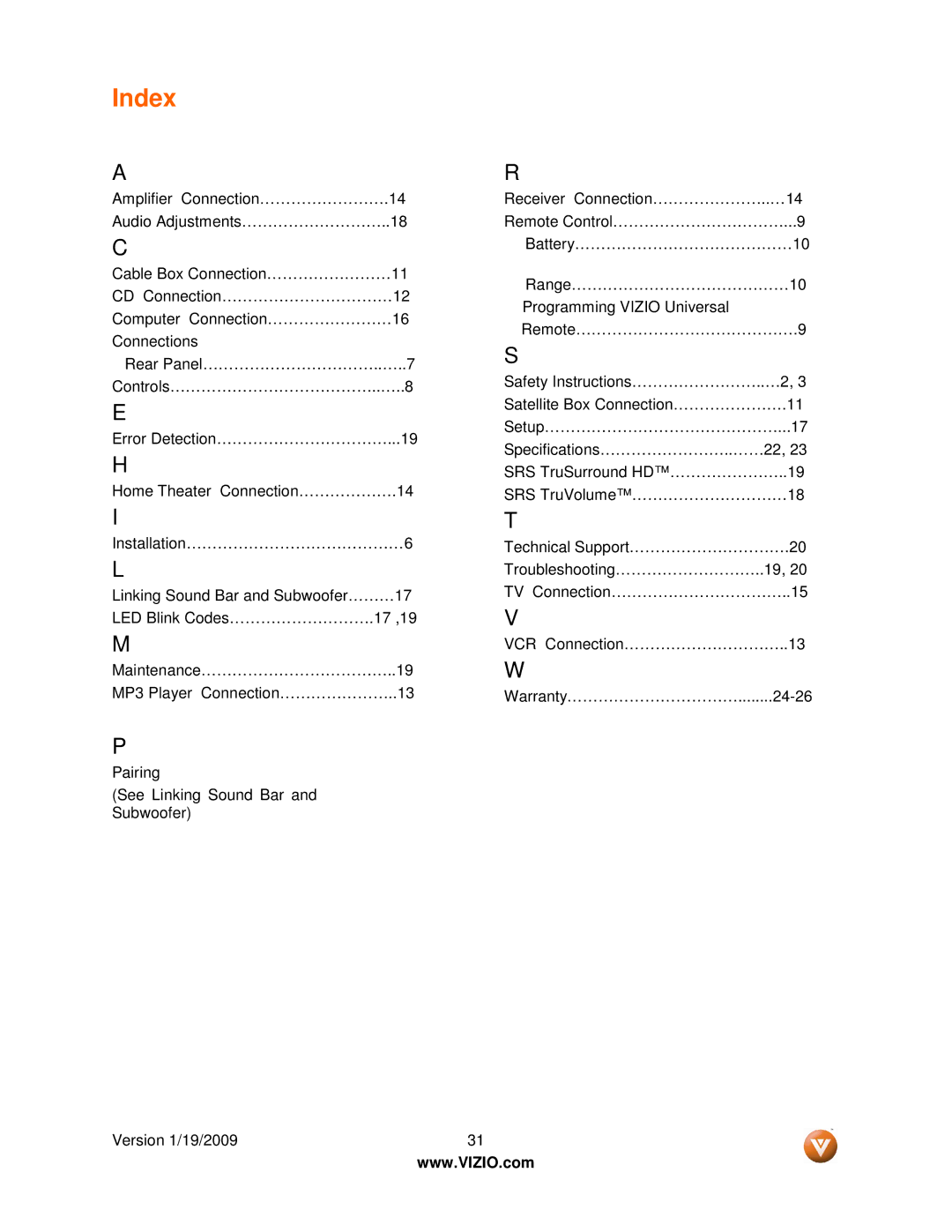 Vizio VSB210WS user manual Index 