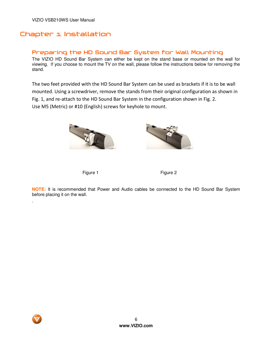 Vizio VSB210WS user manual Installation, Preparing the HD Sound Bar System for Wall Mounting 