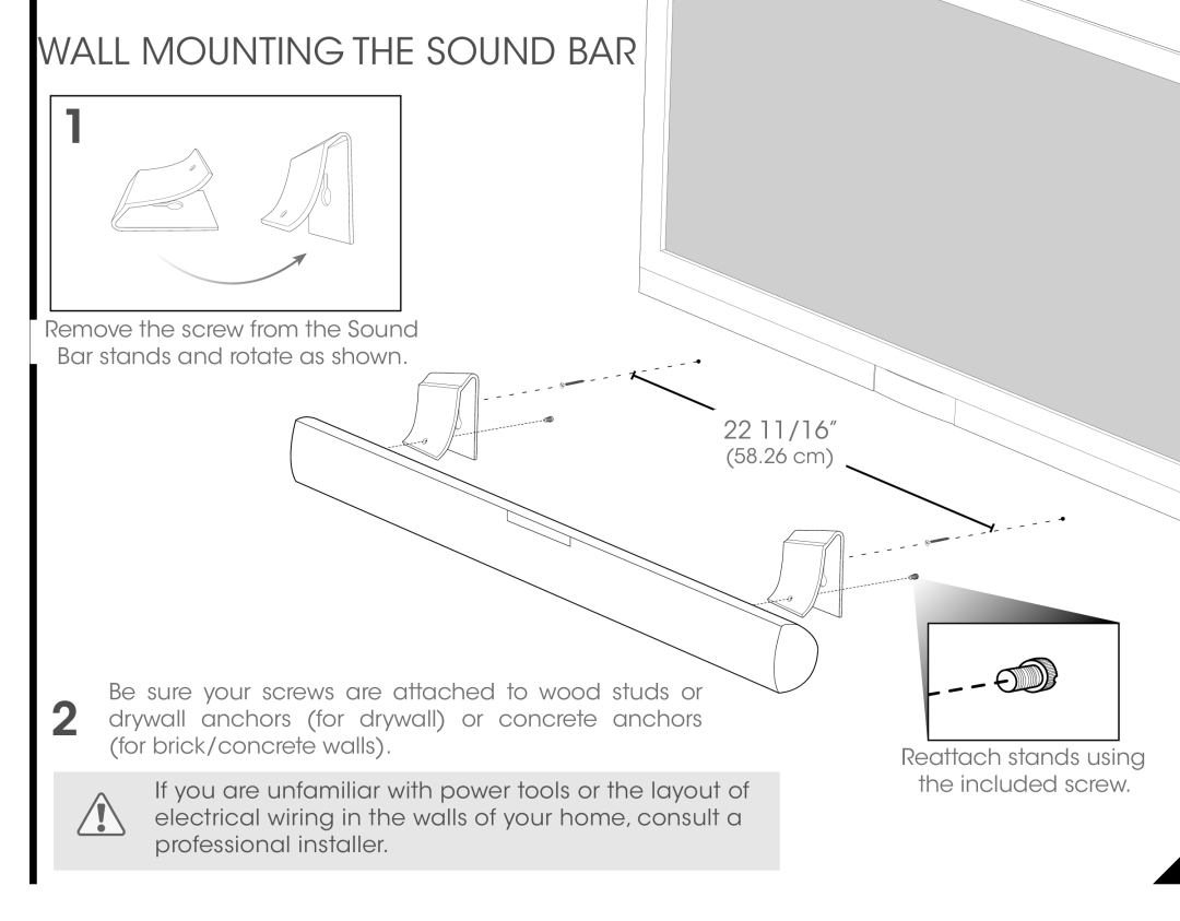 Vizio VSB211Z quick start Wall Mounting The Sound Bar, 22 11/16” 