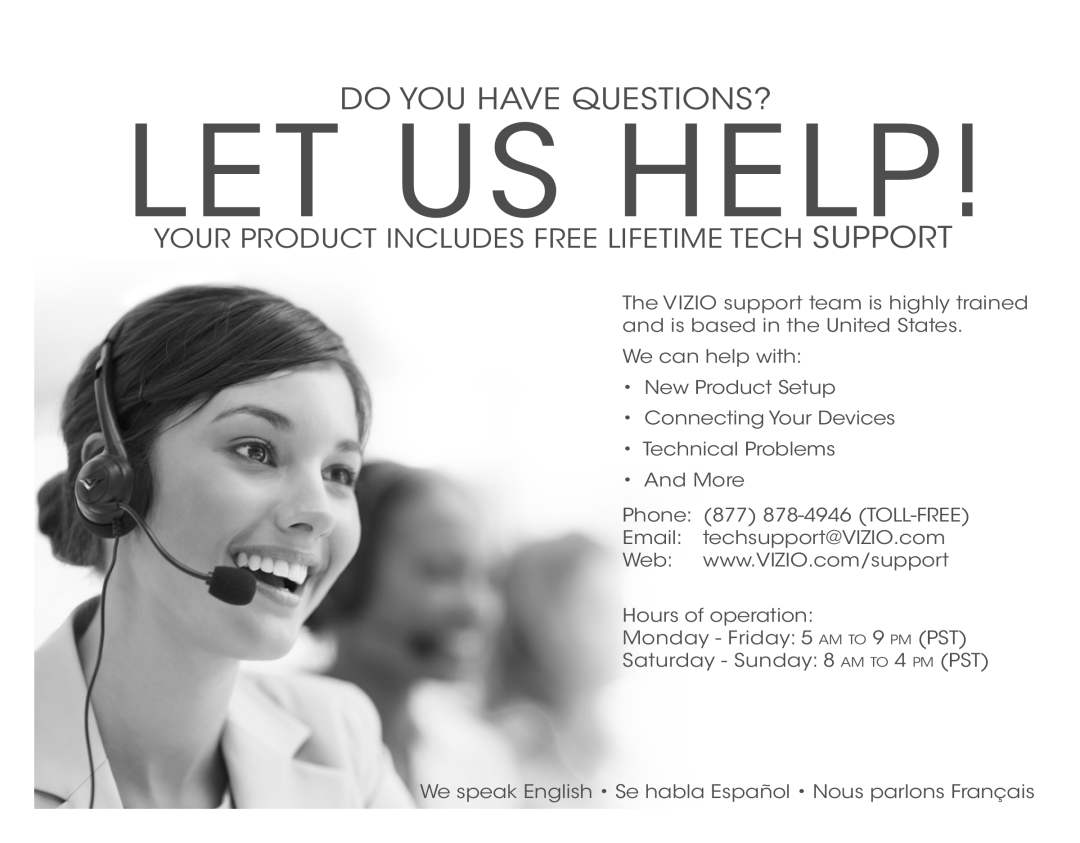 Vizio VSB211Z quick start Let Us Help, Do You Have Questions?, Your Product Includes Free Lifetime Tech Support 