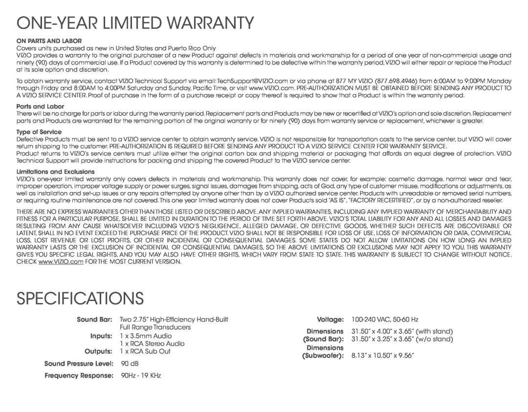 Vizio VSB211Z quick start One-Yearlimited Warranty, Specifications 