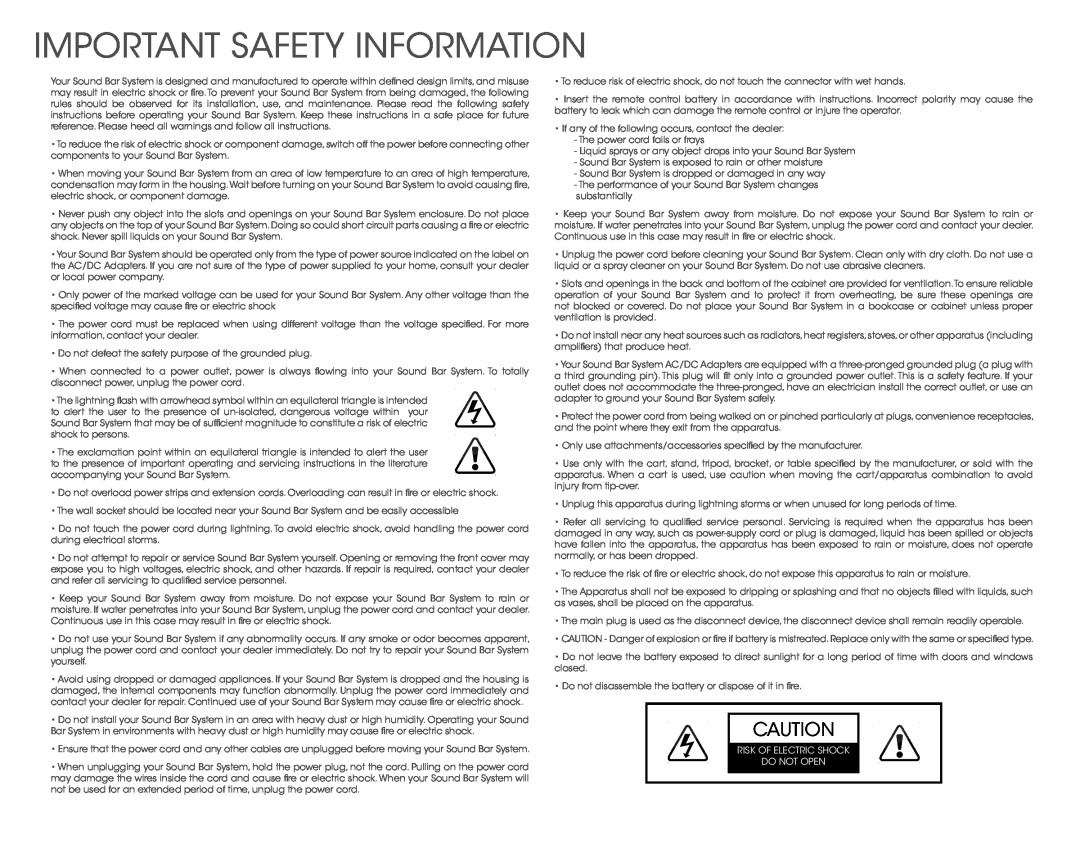 Vizio VSB211Z quick start Important Safety Information, Risk Of Electric Shock Do Not Open 