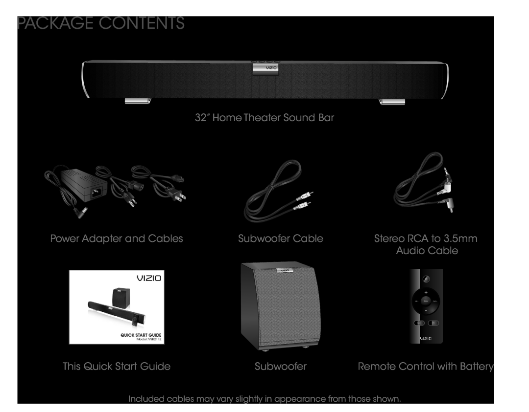 Vizio VSB211Z Package Contents, 32” Home Theater Sound Bar, Power Adapter and Cables, Subwoofer Cable, Stereo RCA to 3.5mm 