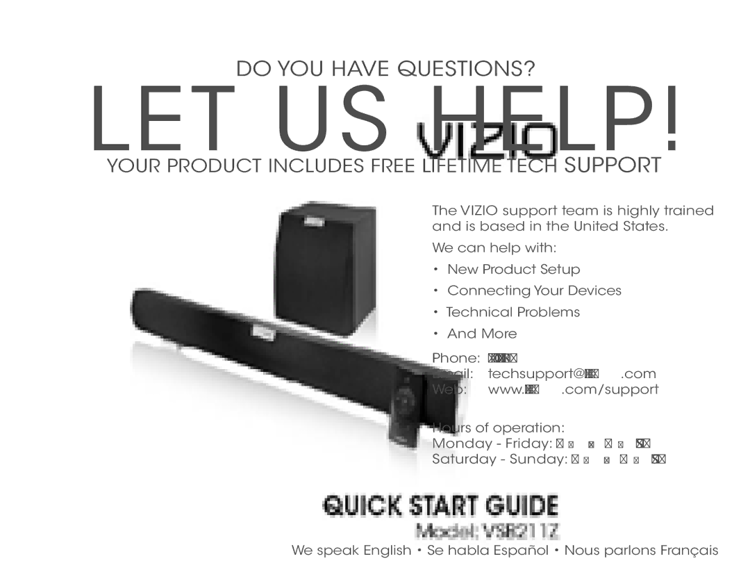 Vizio VSB211Z quick start LET US Help 