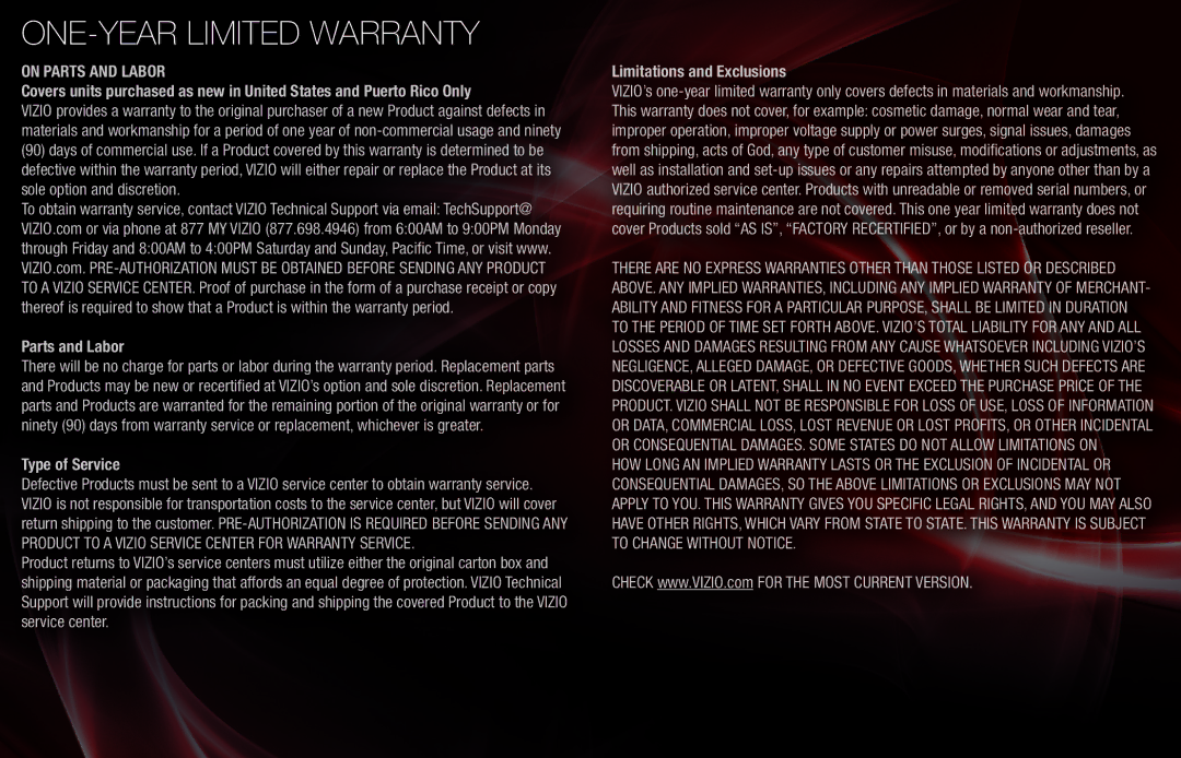 Vizio VSG102 manual ONE-YEAR Limited Warranty, On Parts and Labor 