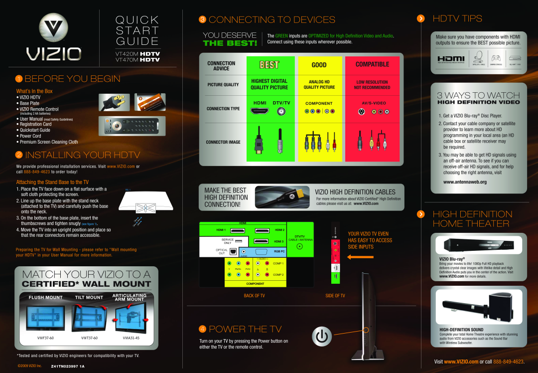 Vizio VT420M quick start Q U I C K S Ta R T G U I D E, Match Your Vizio To A, Before You Begin, Installing Your Hdtv, Good 