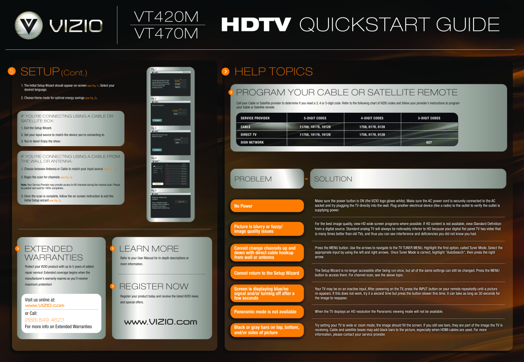 Vizio VT420M VT470M, Help Topics, Program Your Cable Or Satellite Remote, Extended Warranties, Learn More, Register Now 
