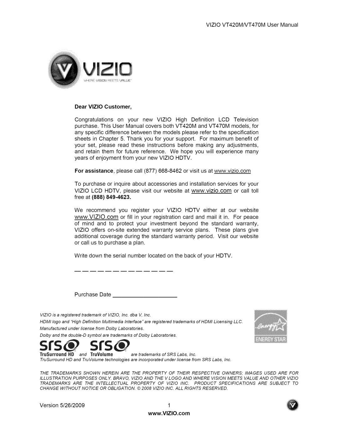 Vizio VT470M user manual Srs 