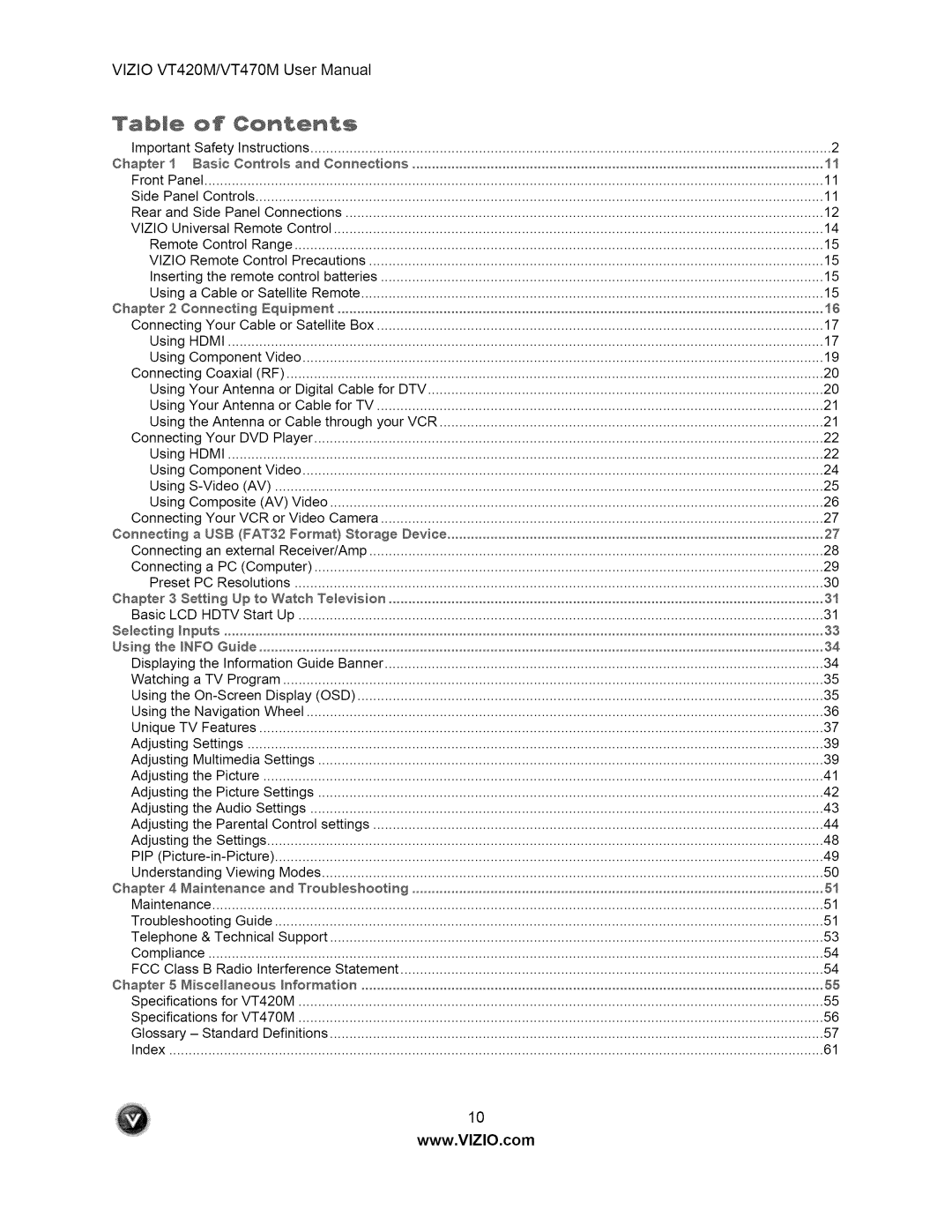 Vizio VT470M user manual Contents 