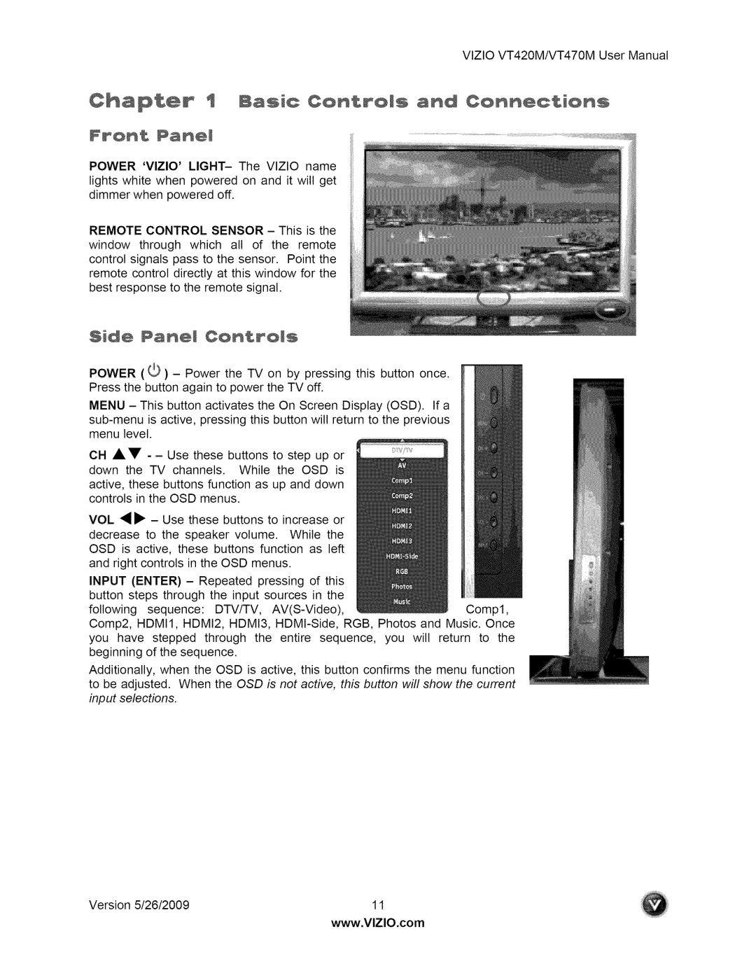 Vizio VT470M user manual Cha@t÷r, Side Pan÷I Controls 