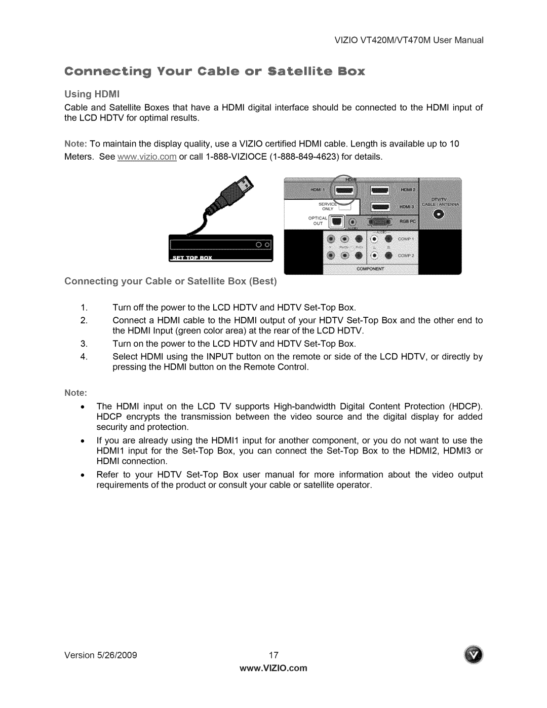 Vizio VT470M user manual Conn÷cting Your CabI÷ or Sat÷lJit÷ Box 