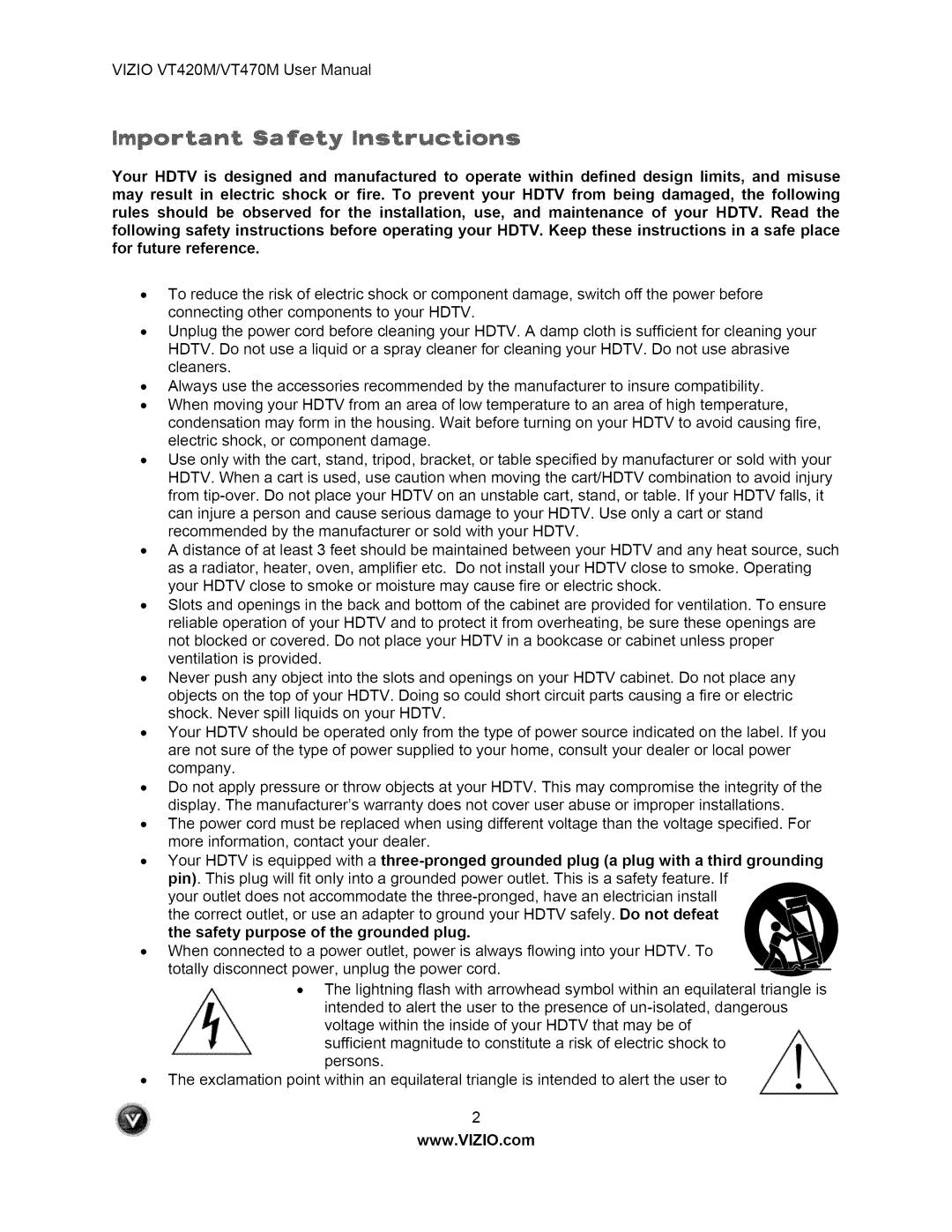 Vizio VT470M user manual Important Safety instructions 