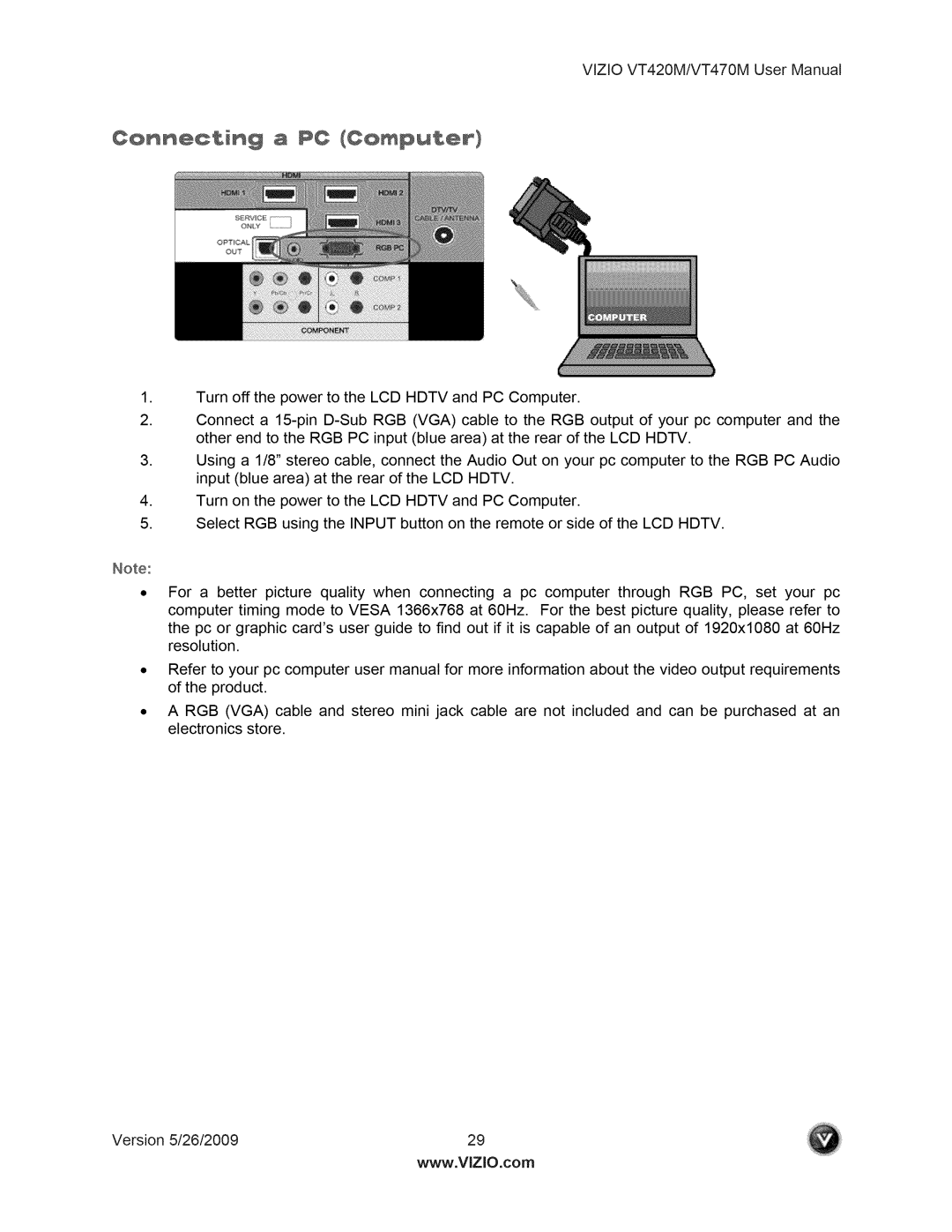 Vizio VT470M user manual Conn÷ctin@ a PC Computer 