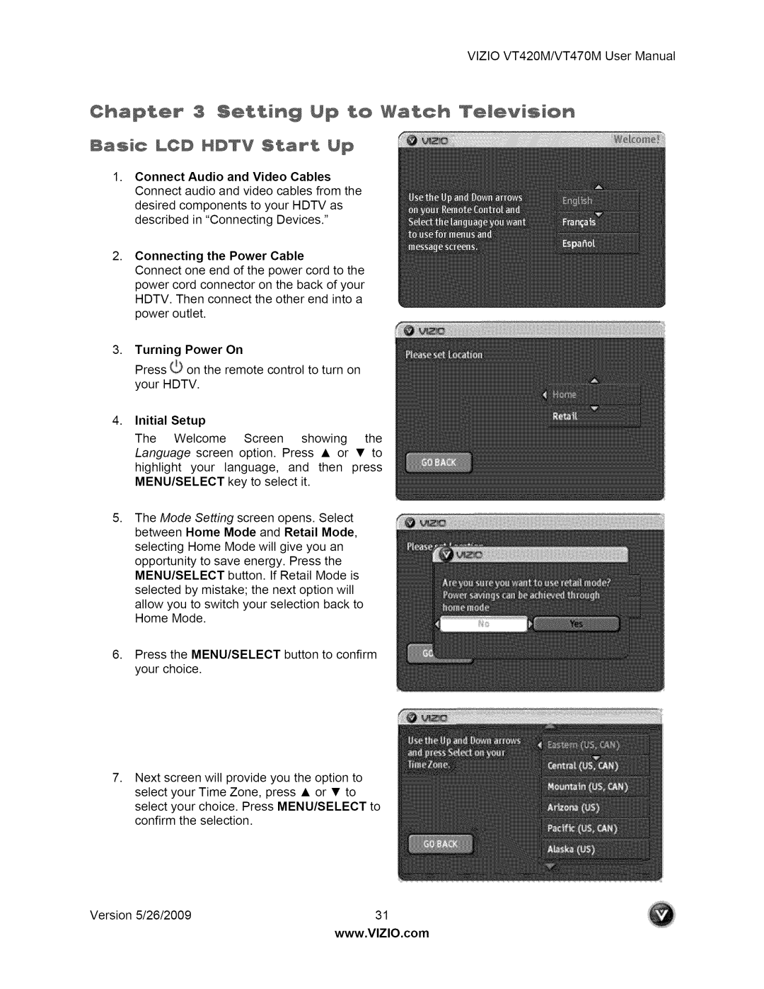 Vizio VT470M user manual Setting Up to Watch, Basic LCD Hdtv Start Up 