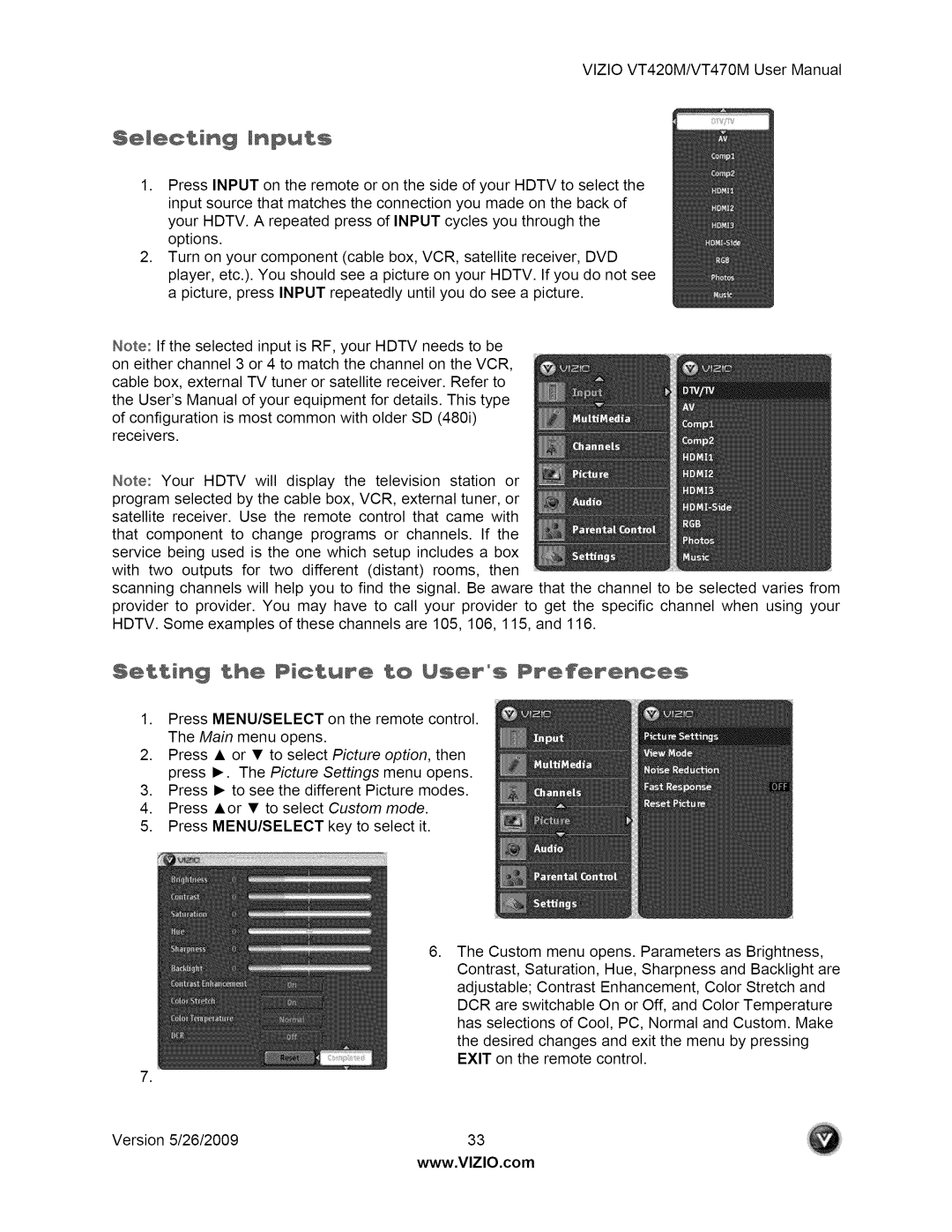 Vizio VT470M user manual ÷I÷cting nput÷, Setting the Picture to Users Pr@ f@r@nc@s 