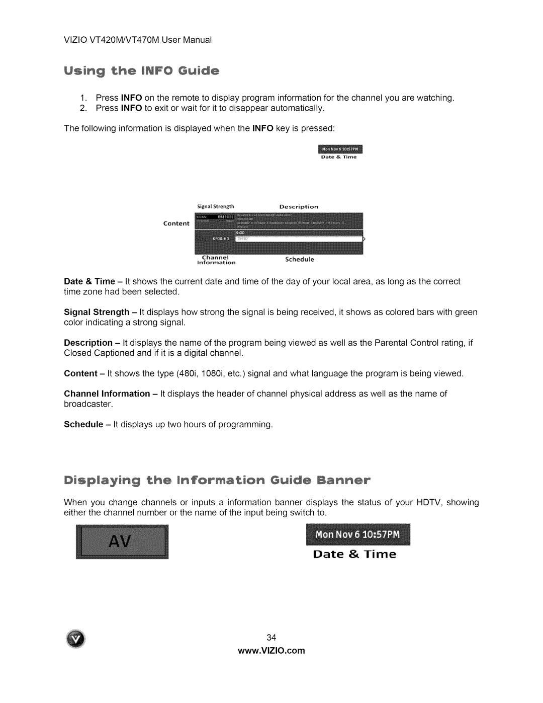 Vizio user manual VlZIOVT420M/VT470MUserManual Using the Mnfo Guid÷, Displaying the Information Guid÷ Banner 