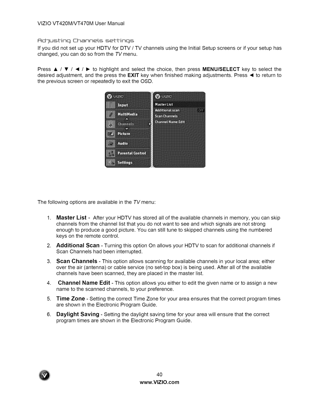 Vizio user manual VlZIOVT420M/VT470MUserManual Rdustinq Channels settinqs 