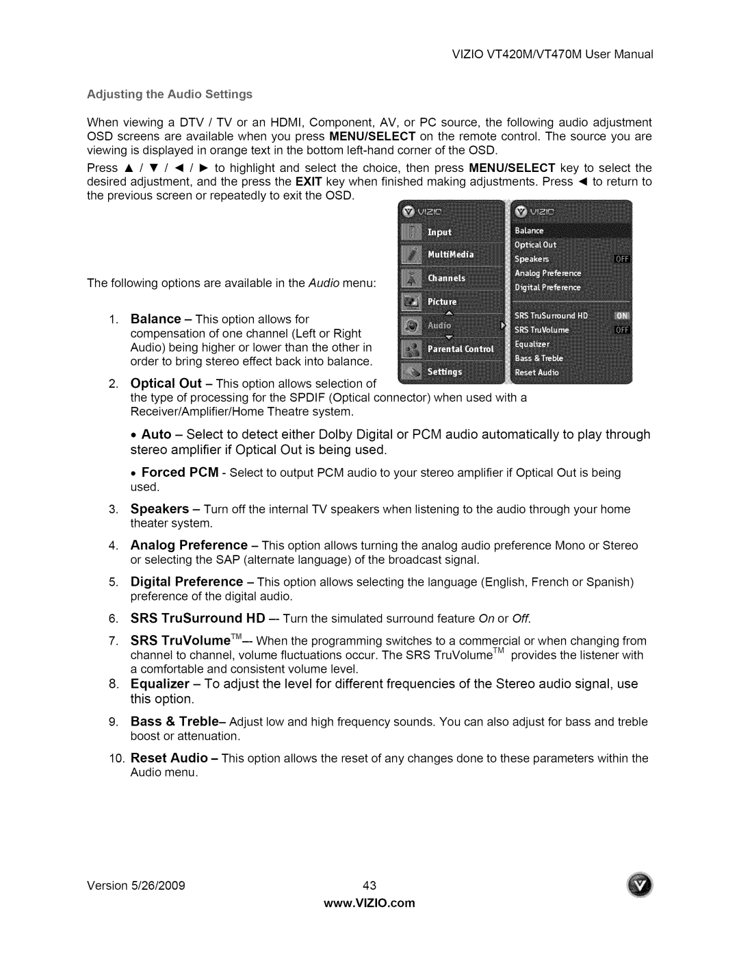 Vizio user manual VlZIOVT420M/VT470MUserManual AdjustingtheAudioSettings 