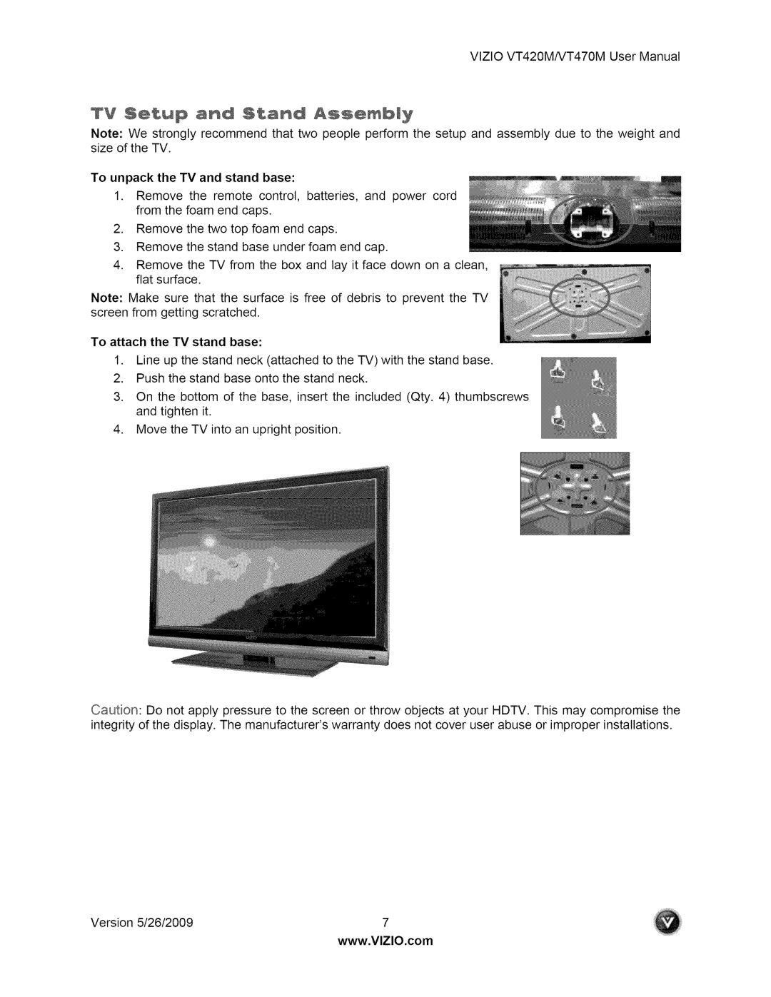 Vizio VT470M user manual TV Setup and Stand Assembly 