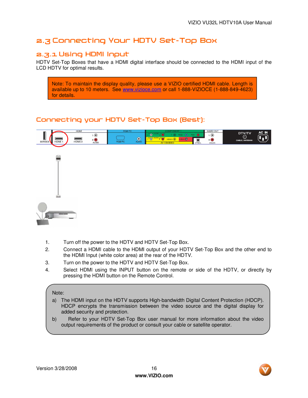 Vizio VU32L manual Connecting Your Hdtv Set-Top Box, Using Hdmi Input, Connecting your Hdtv Set-Top Box Best 