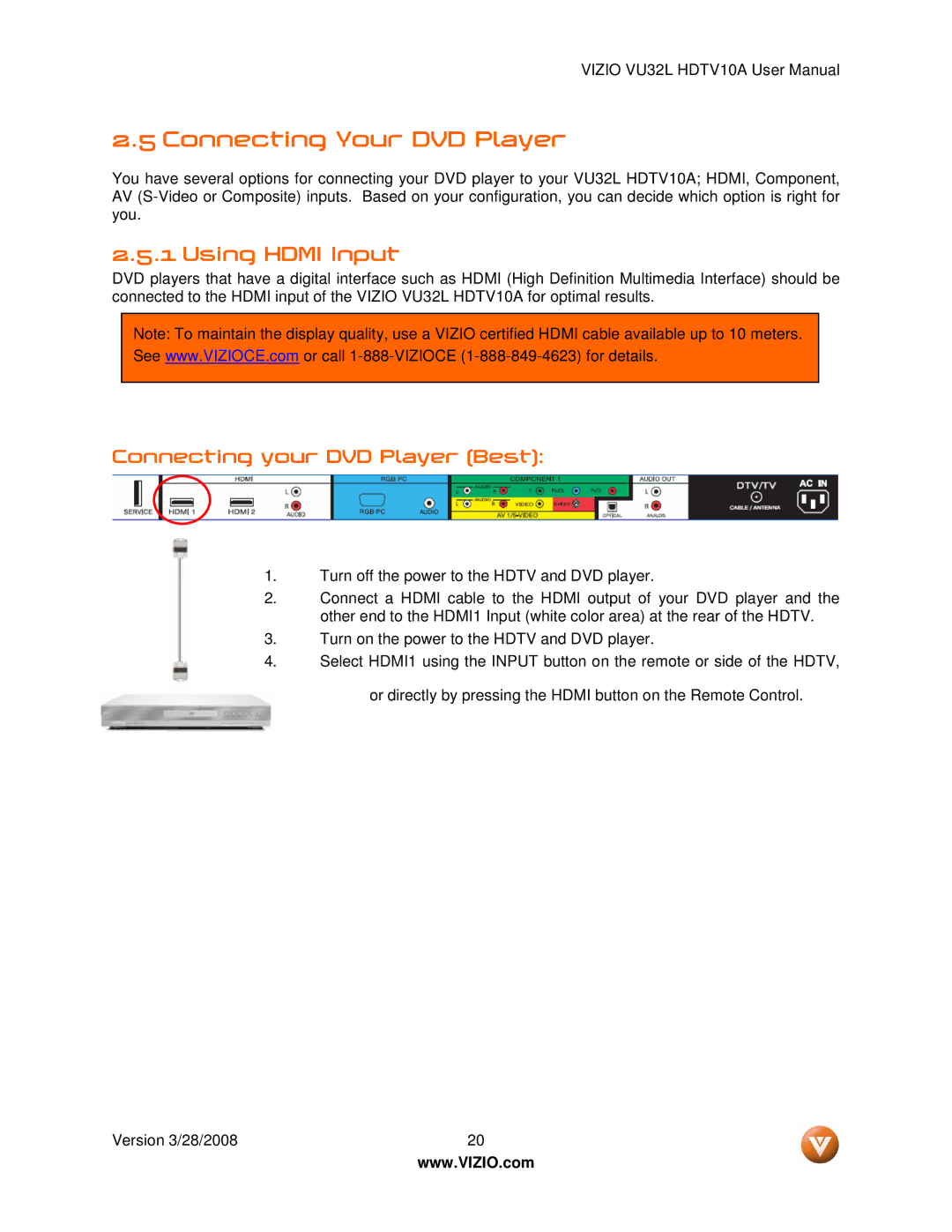 Vizio VU32L manual Connecting Your DVD Player, Connecting your DVD Player Best 