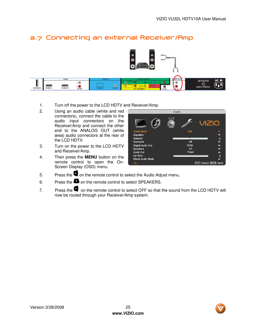 Vizio VU32L manual Connecting an external Receiver/Amp 