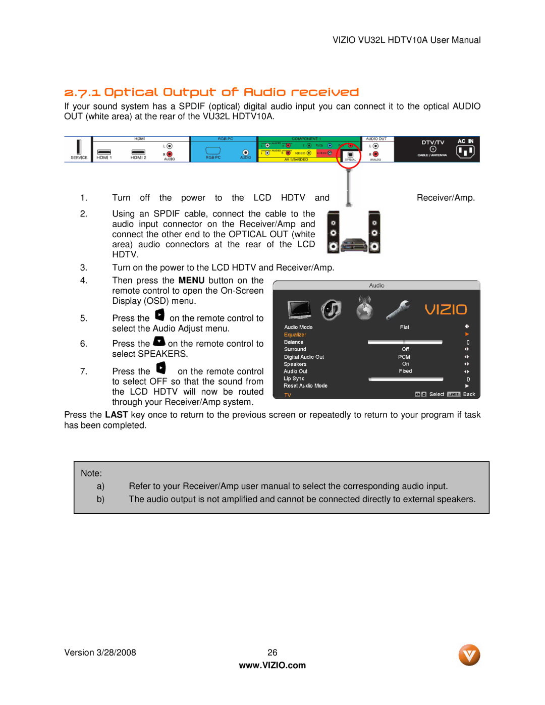 Vizio VU32L manual Optical Output of Audio received 