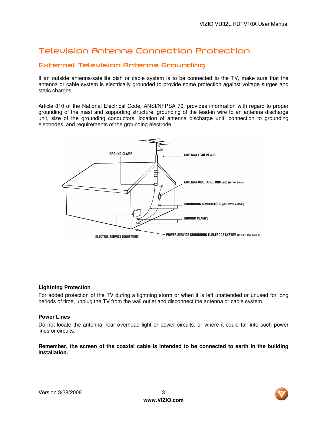 Vizio VU32L manual Television Antenna Connection Protection, External Television Antenna Grounding, Lightning Protection 