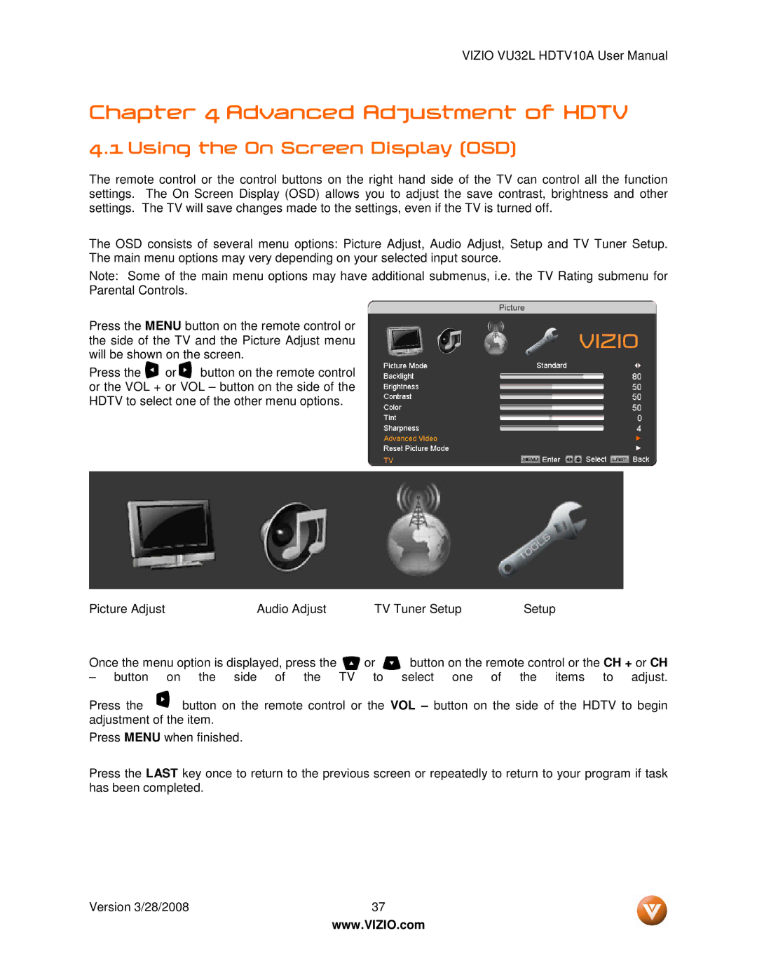 Vizio VU32L manual Advanced Adjustment of Hdtv, Using the On Screen Display OSD 