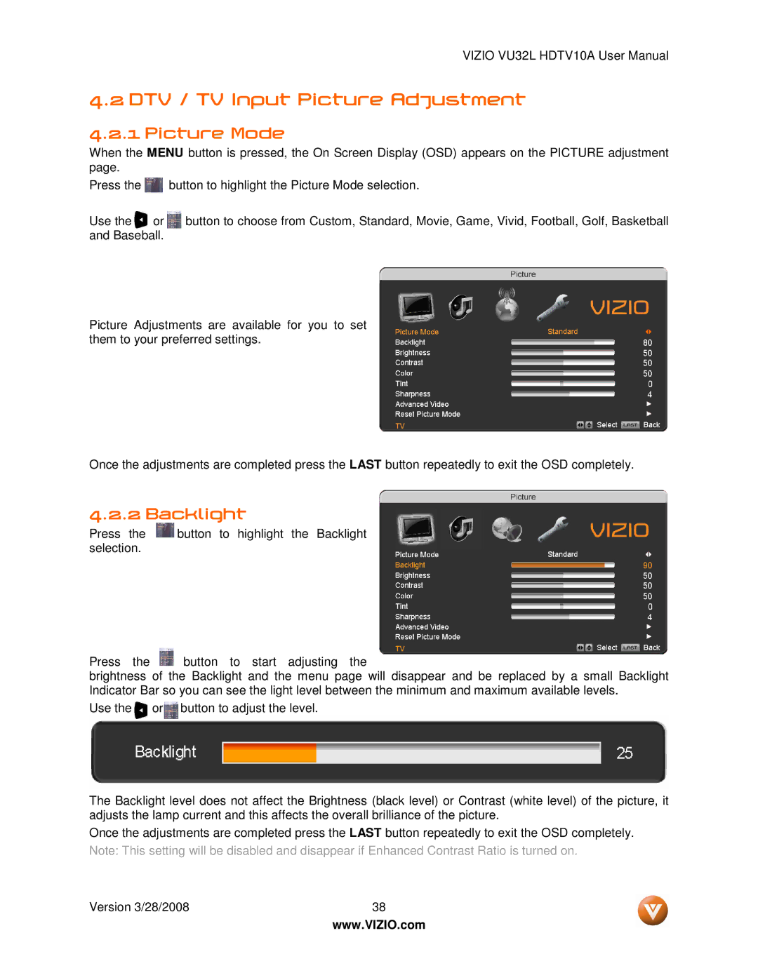 Vizio VU32L manual DTV / TV Input Picture Adjustment, Picture Mode, Backlight 