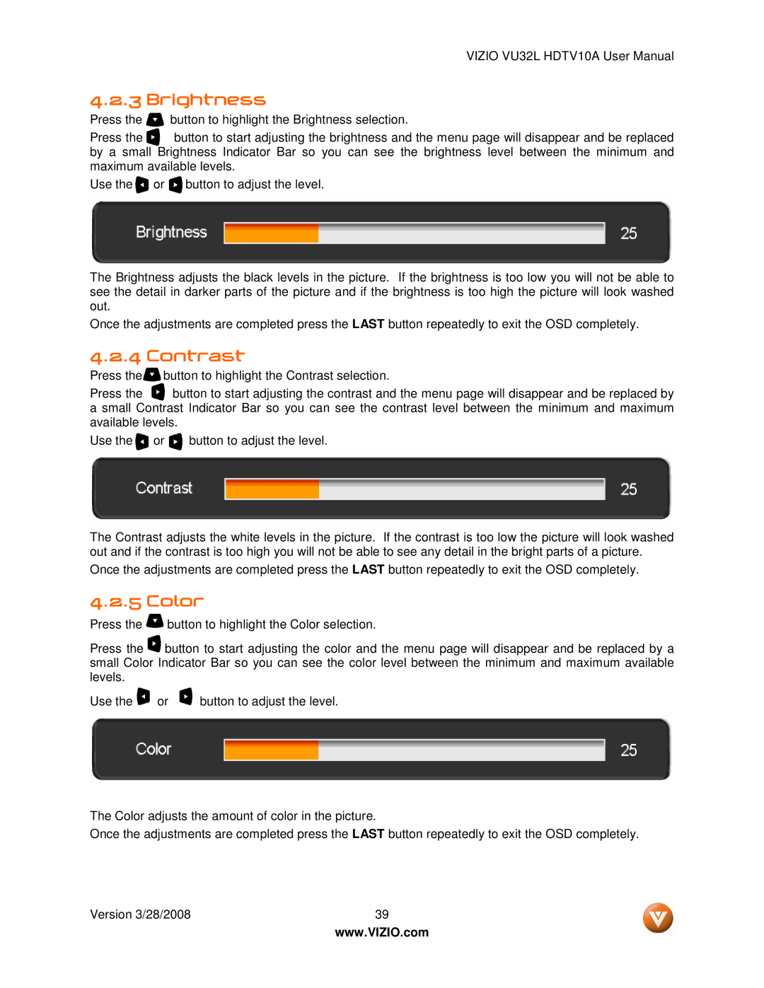 Vizio VU32L manual Brightness, Contrast, Color 