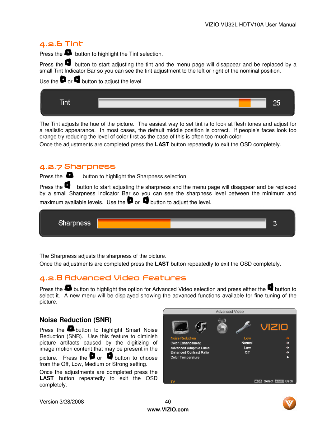 Vizio VU32L manual Tint, Sharpness, Advanced Video Features 