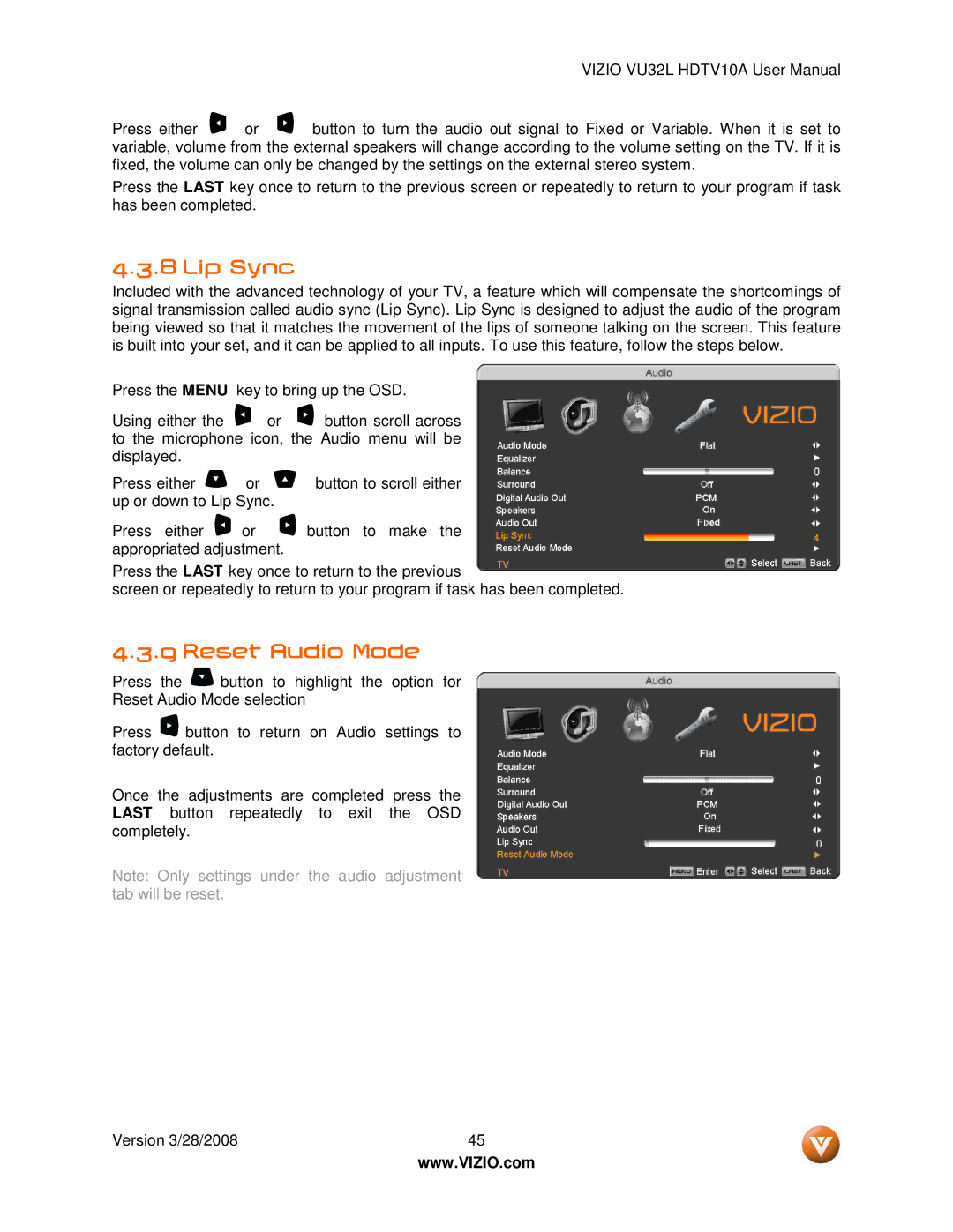 Vizio VU32L manual Lip Sync, Reset Audio Mode 