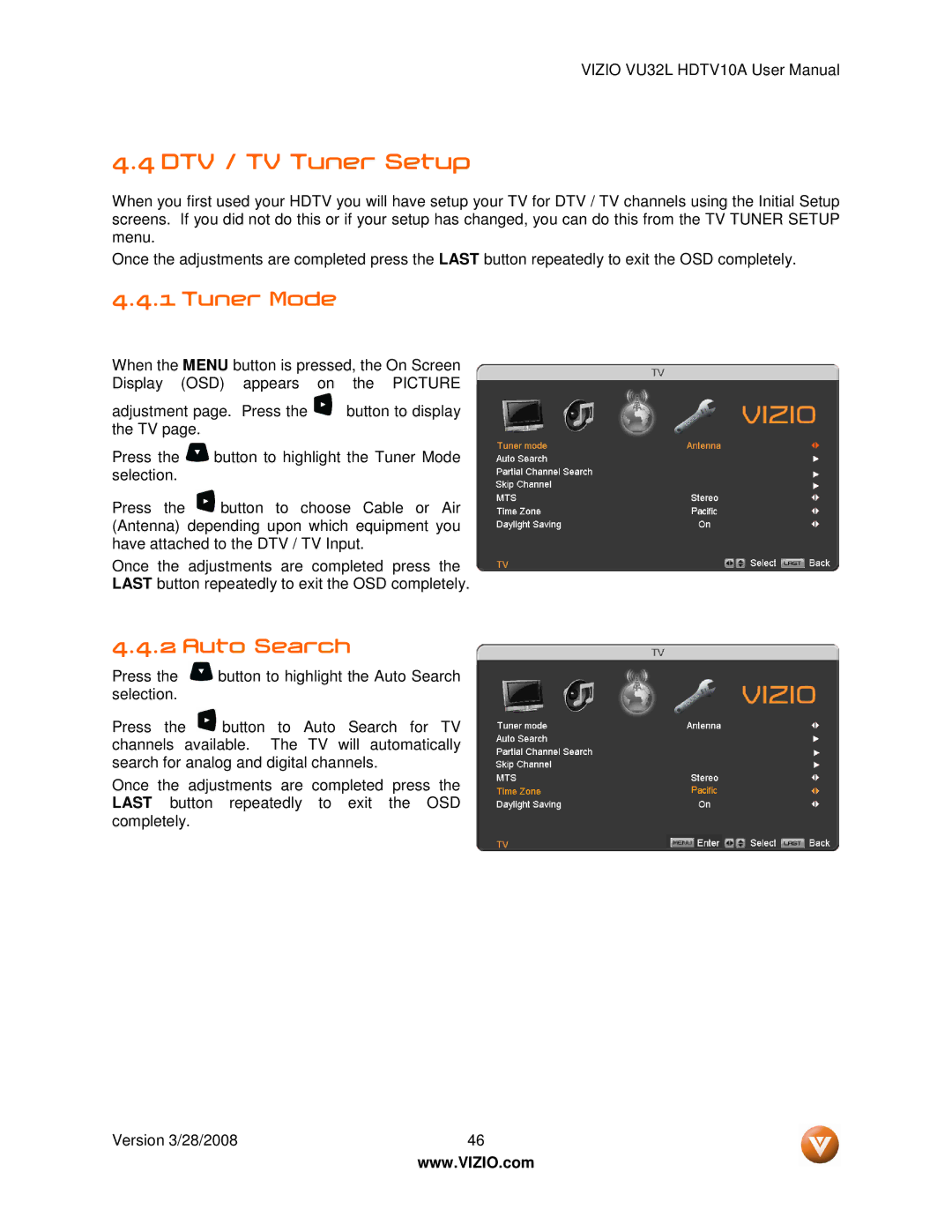 Vizio VU32L manual DTV / TV Tuner Setup, Tuner Mode, Auto Search 