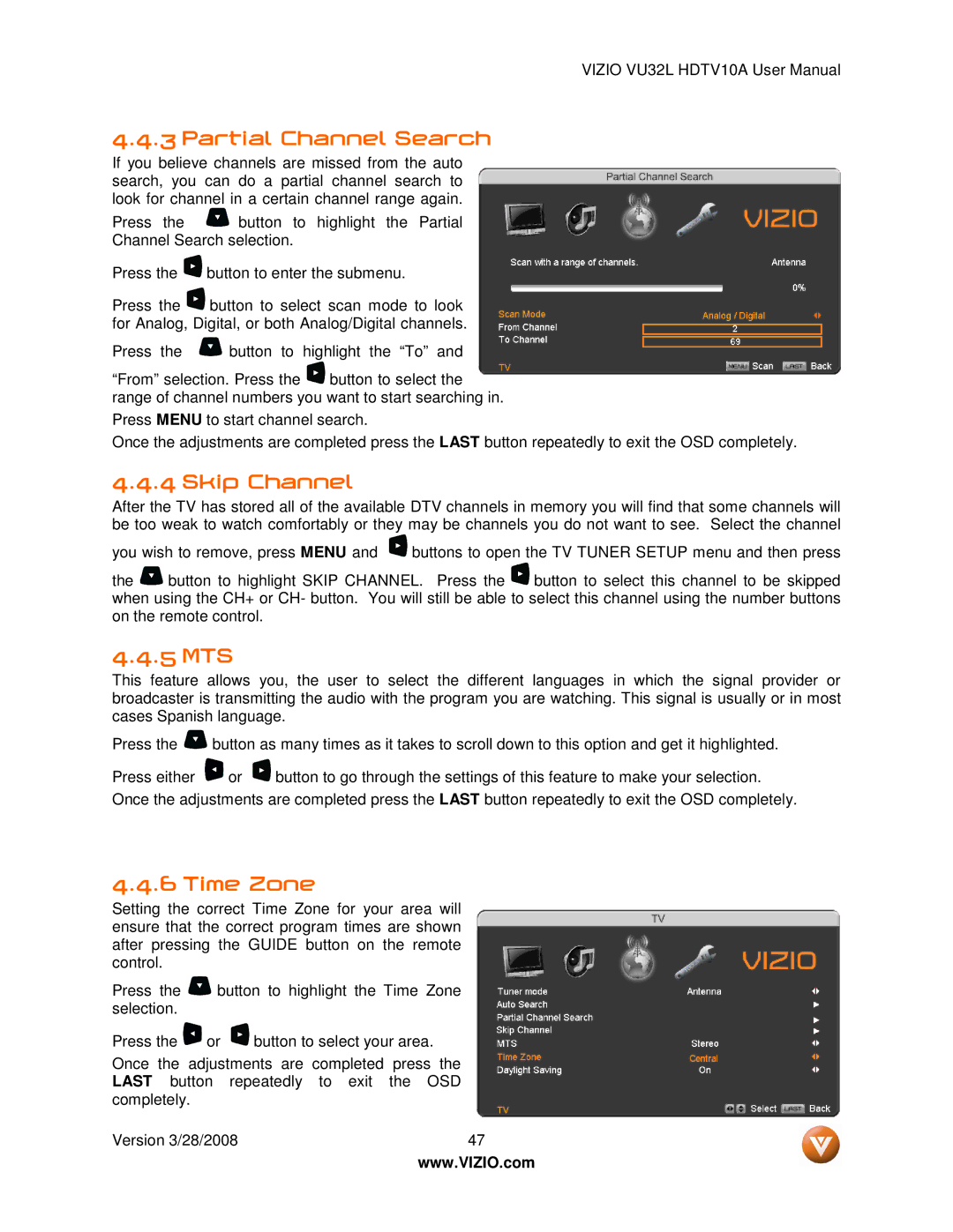 Vizio VU32L manual Partial Channel Search, Skip Channel, 5 MTS, Time Zone 