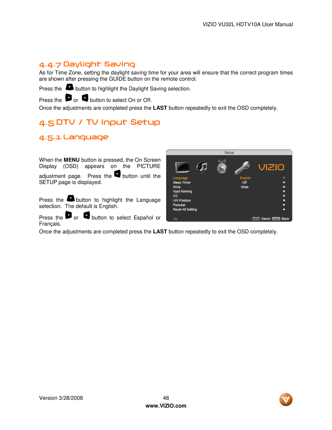 Vizio VU32L manual DTV / TV Input Setup, Daylight Saving, Language 