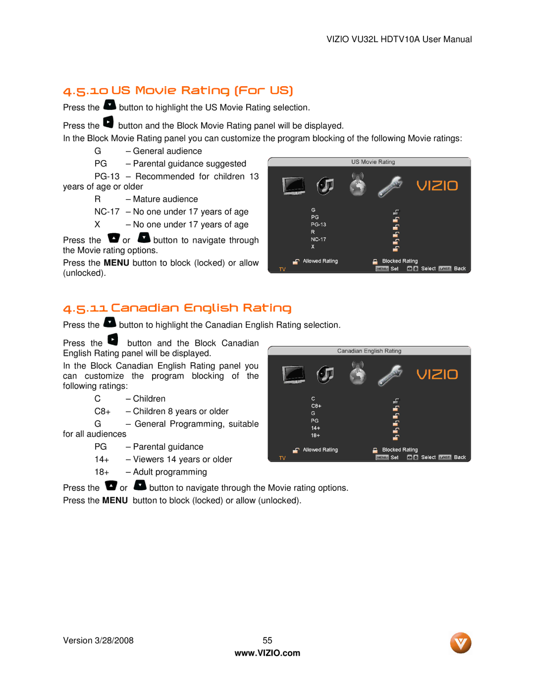 Vizio VU32L manual US Movie Rating For US, Canadian English Rating 