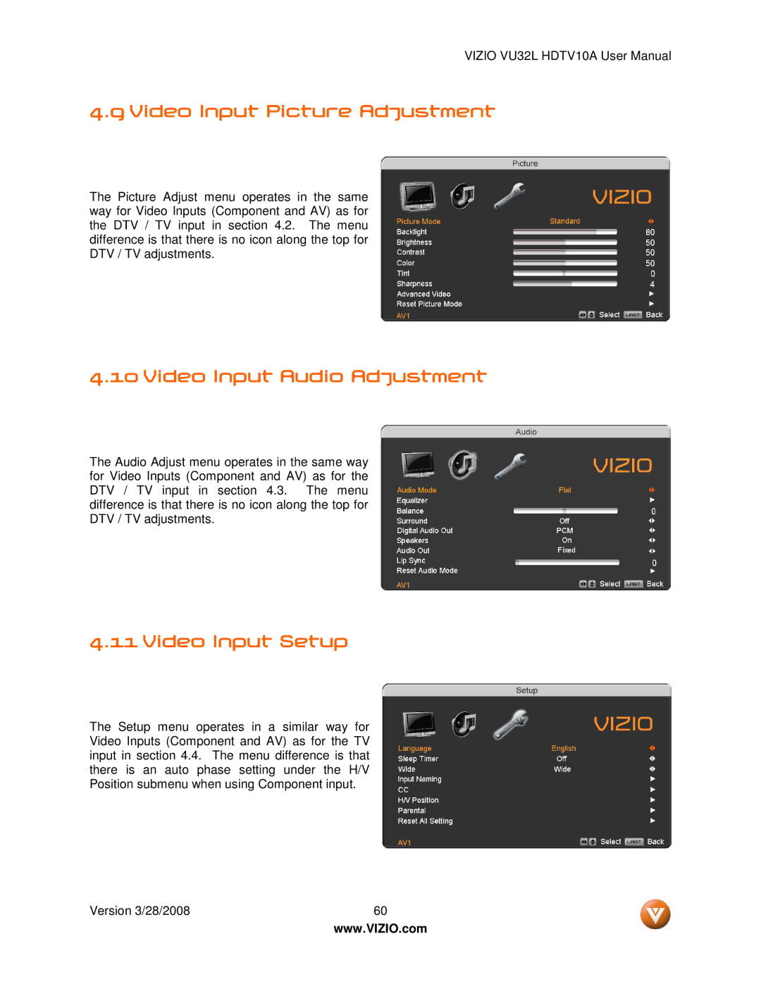 Vizio VU32L manual Video Input Picture Adjustment, Video Input Audio Adjustment, Video Input Setup 