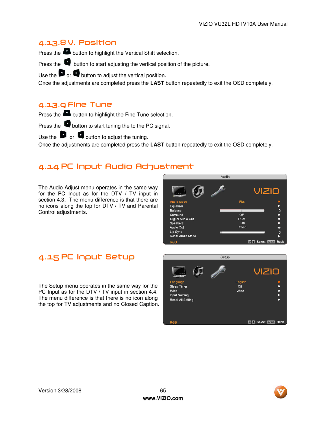 Vizio VU32L manual PC Input Audio Adjustment, PC Input Setup, 13.8 V. Position, Fine Tune 