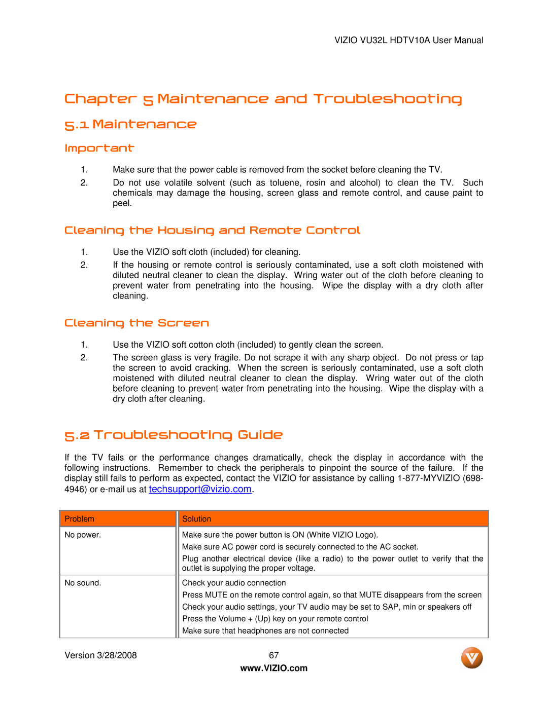 Vizio VU32L manual Maintenance, Troubleshooting Guide, Cleaning the Housing and Remote Control, Cleaning the Screen 