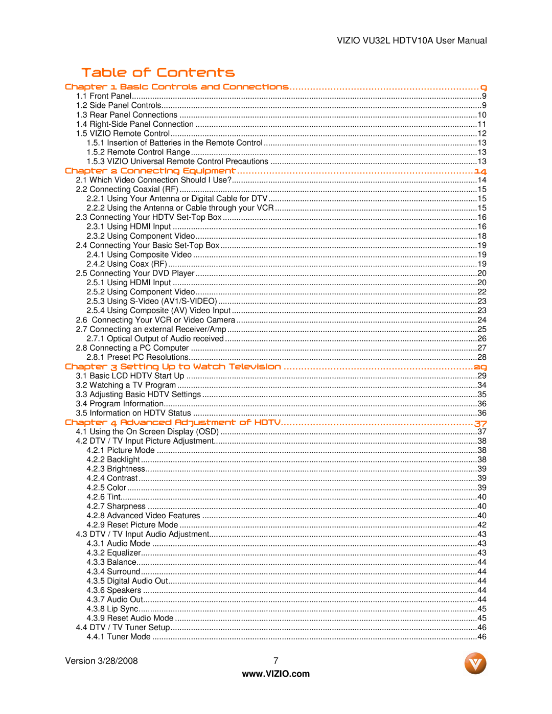 Vizio VU32L manual Table of Contents 