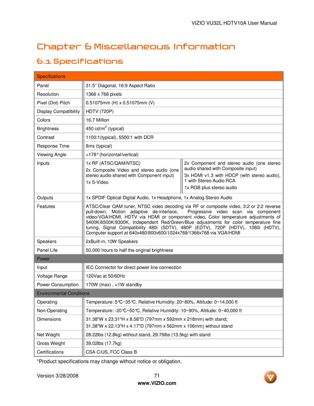 Vizio VU32L manual Miscellaneous Information, Specifications 