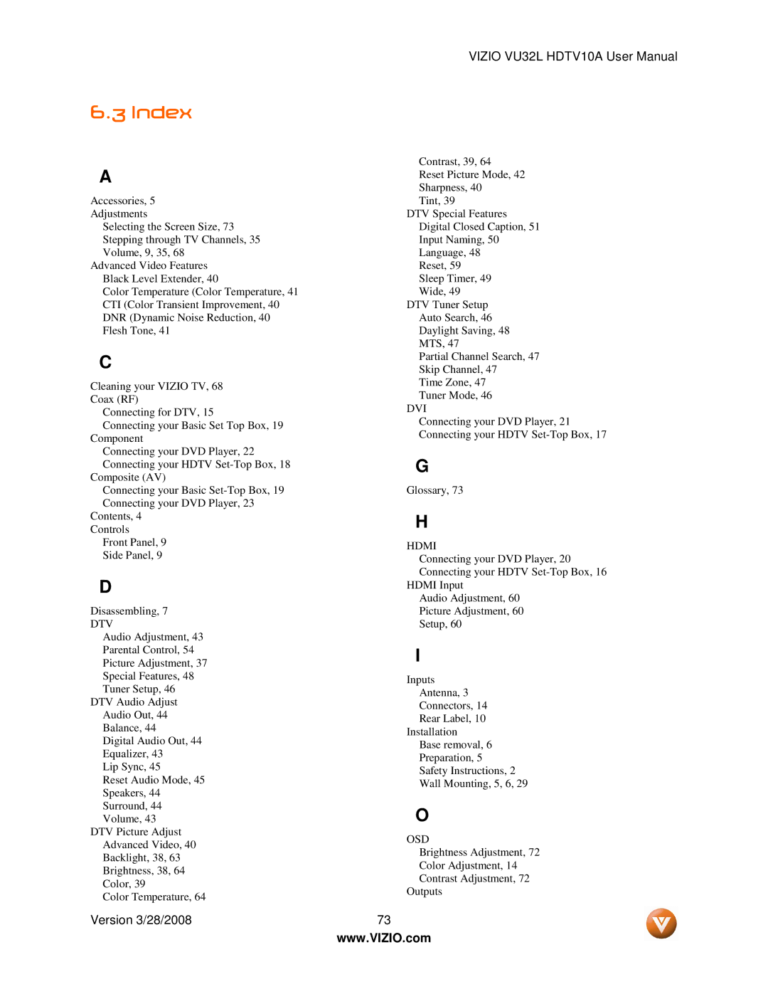 Vizio VU32L manual Index, Dtv 