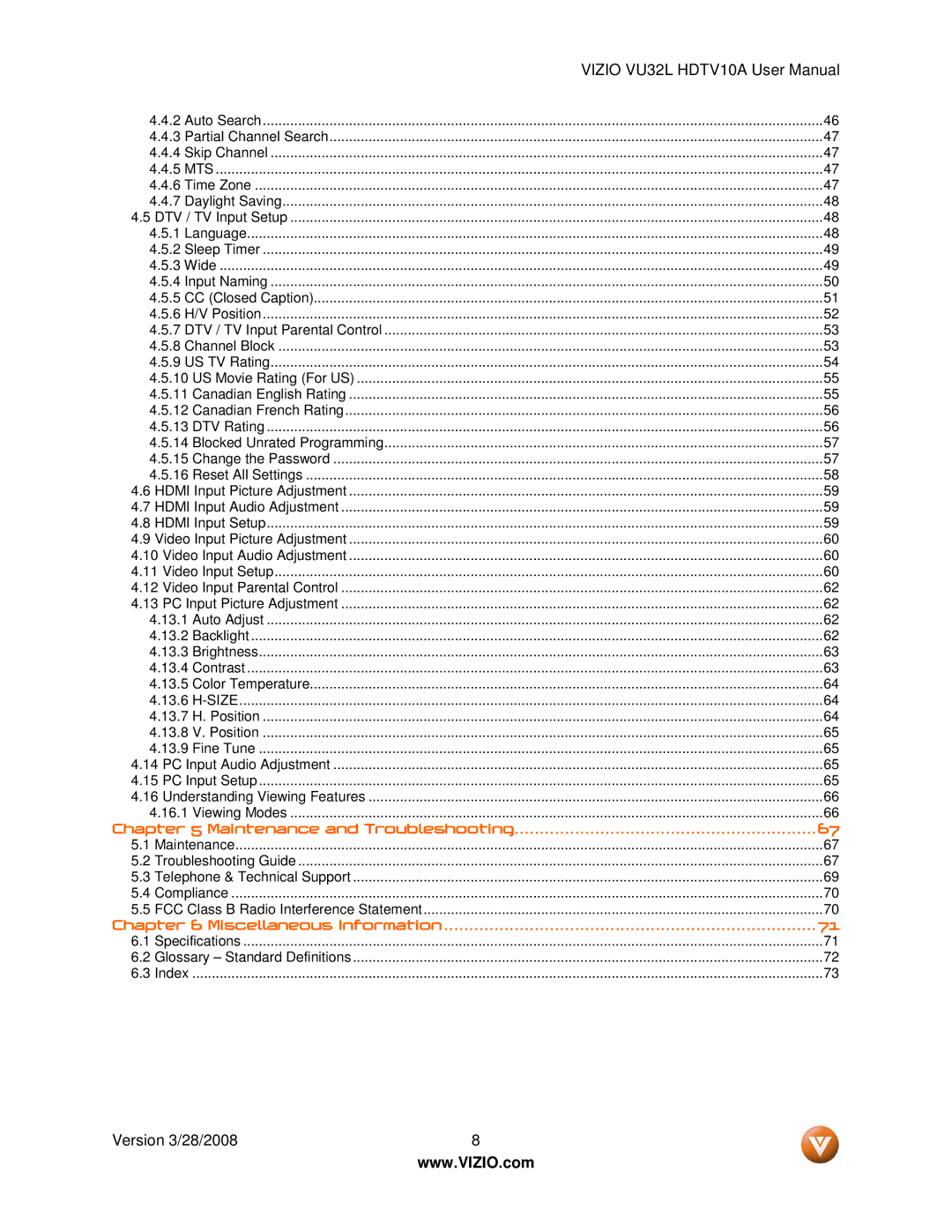 Vizio VU32L manual Miscellaneous Information 