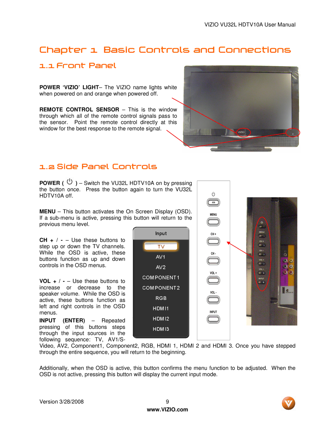 Vizio VU32L manual Front Panel, Side Panel Controls 