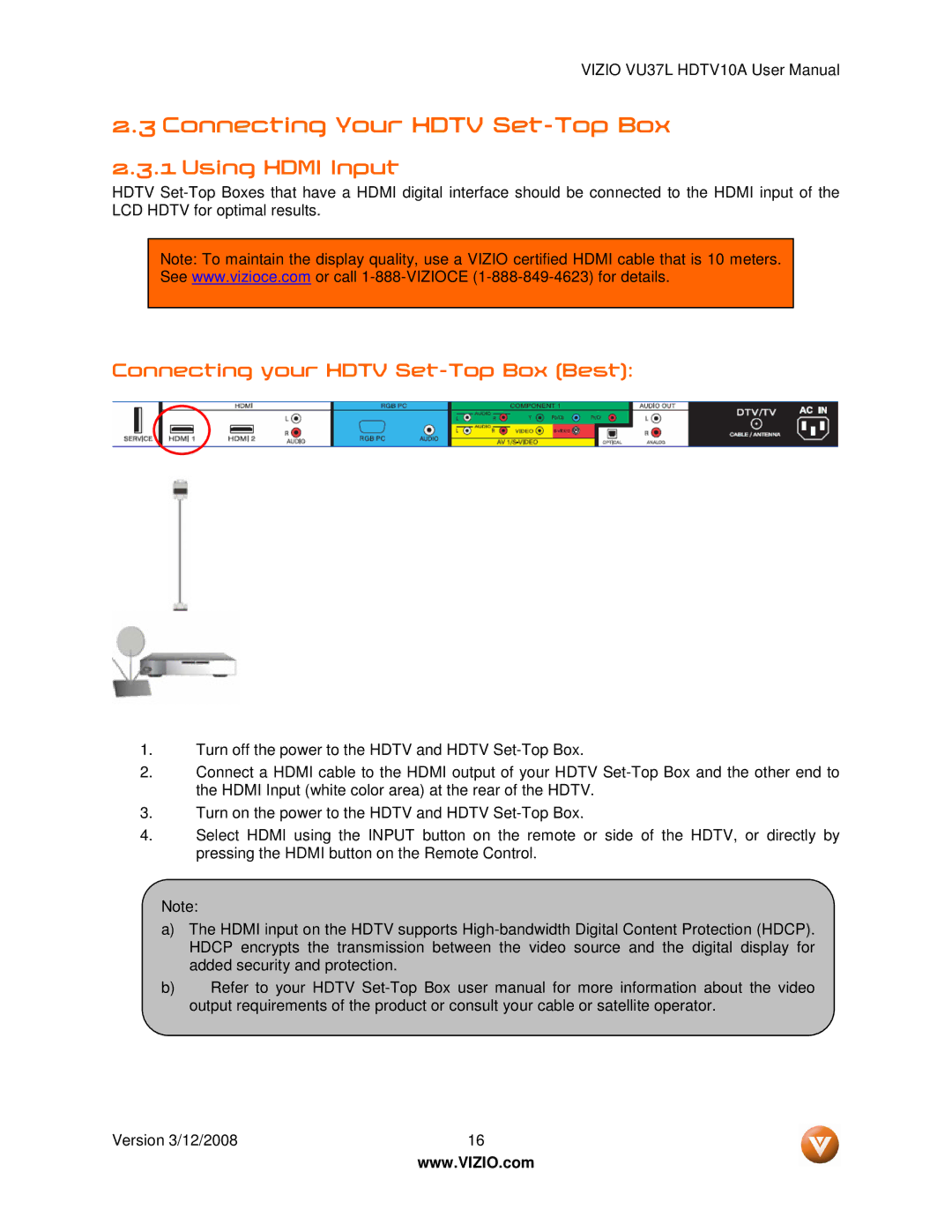 Vizio VU37L manual Connecting Your Hdtv Set-Top Box, Using Hdmi Input, Connecting your Hdtv Set-Top Box Best 