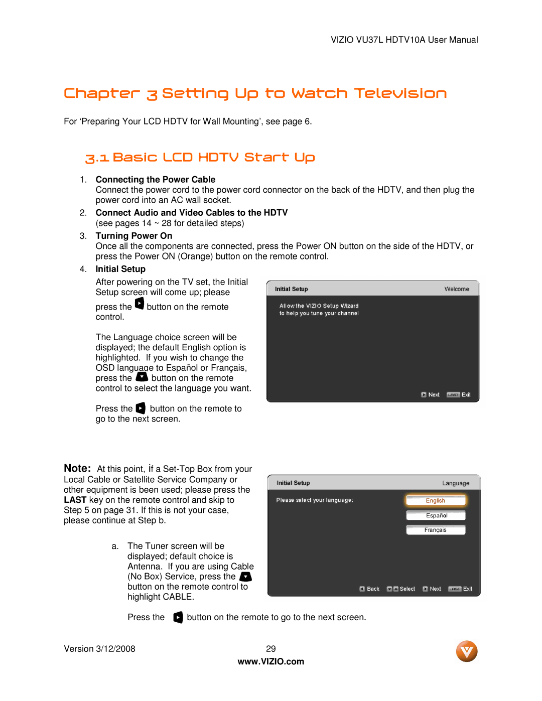 Vizio VU37L manual Basic LCD Hdtv Start Up, Connecting the Power Cable, Initial Setup 