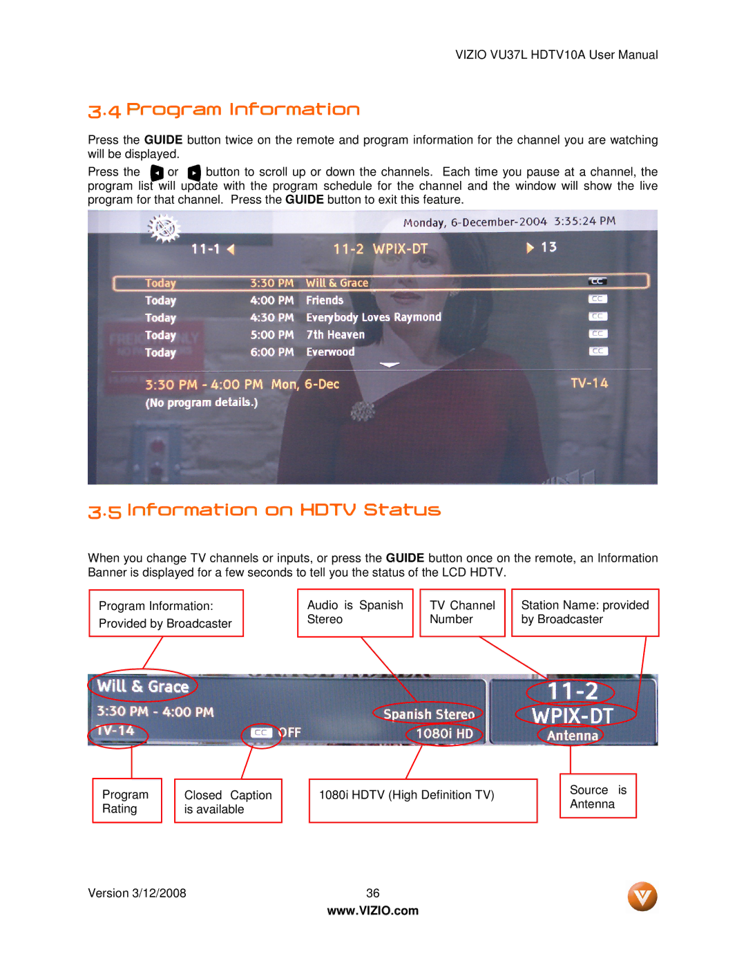 Vizio VU37L manual Program Information, Information on Hdtv Status 